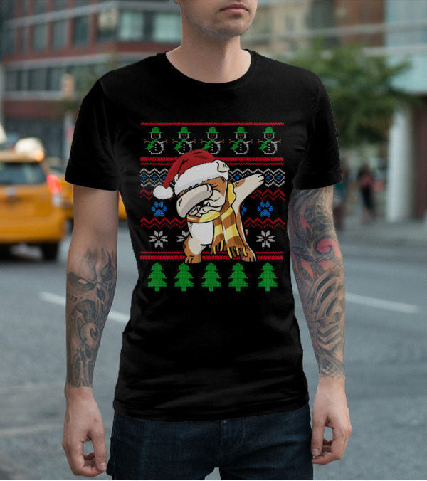 Bulldog Dabbing UglyStyle Santa Hat Christmas Trees Snowmen T-Shirt