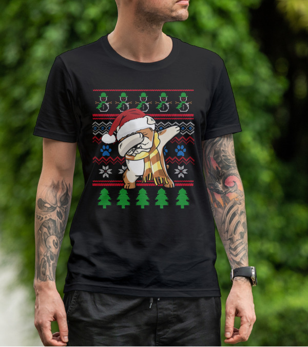 Bulldog Dabbing UglyStyle Santa Hat Christmas Trees Snowmen T-Shirt