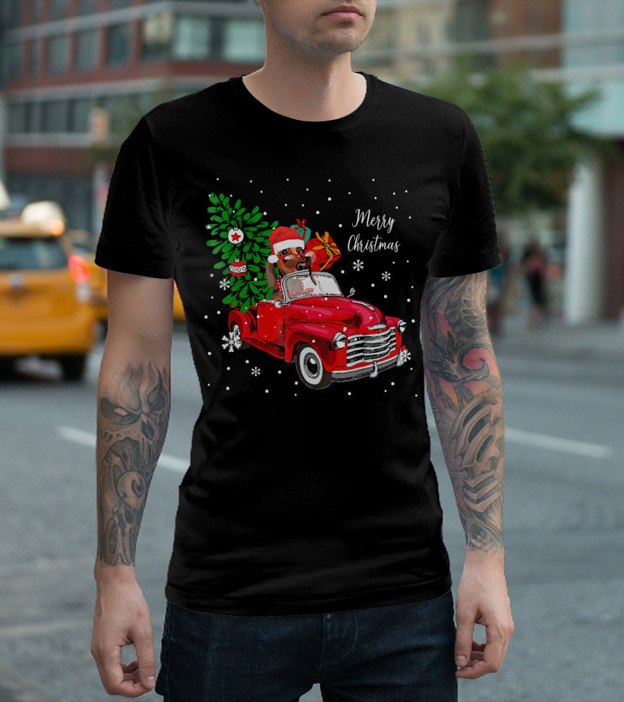 Merry Christmas Santa Dachshund In Red Truck With Gifts And Tree T-Shirt