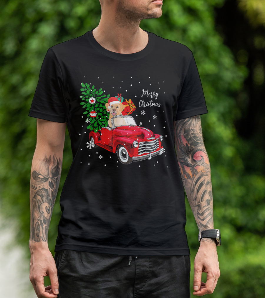 Merry Christmas Santa Labrador Dog Riding Red Truck With Presents And Tree T-Shirt