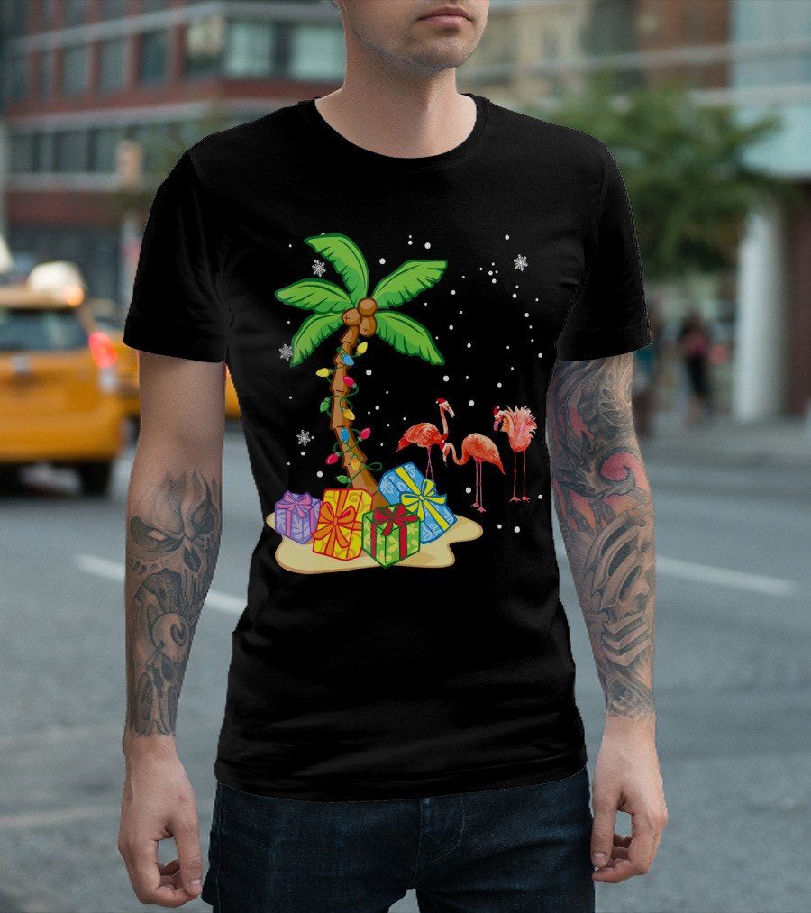 Flamingo Christmas Palm Tree Snow Presents T-Shirt