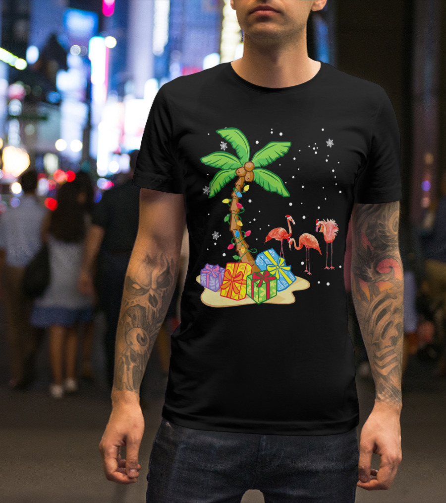 Flamingo Christmas Palm Tree Snow Presents T-Shirt