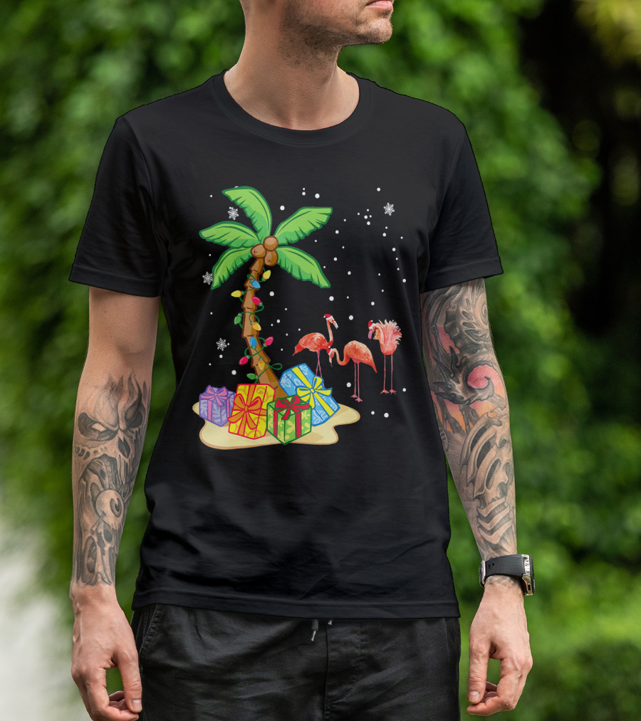 Flamingo Christmas Palm Tree Snow Presents T-Shirt