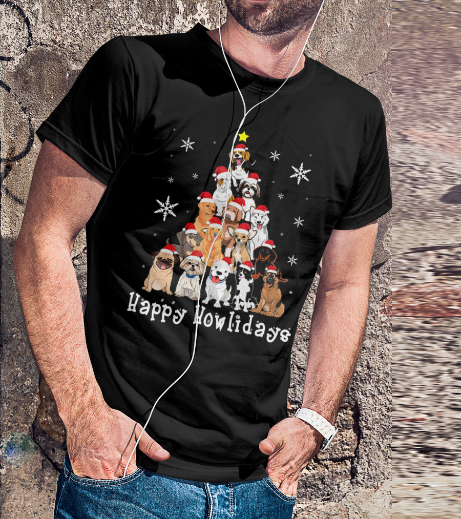 Happy Howlidays Dog Christmas Tree Santa Hat Puppies Snowflakes T-Shirt