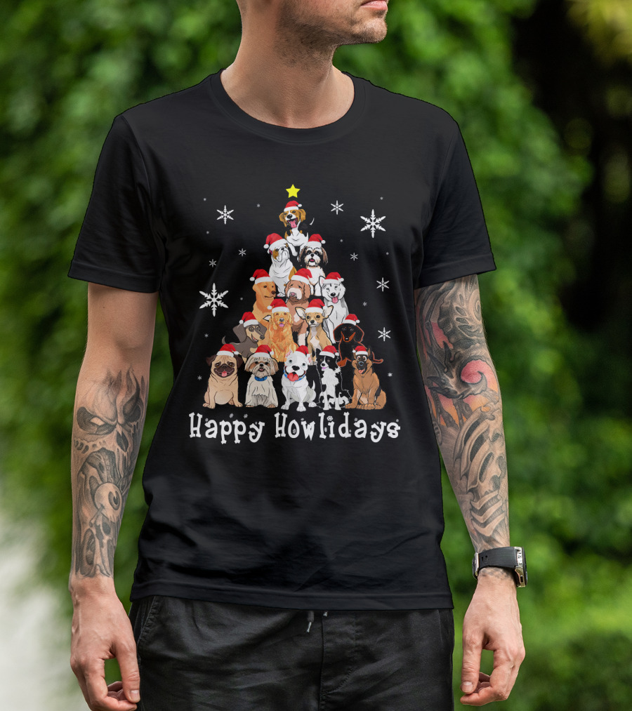 Happy Howlidays Dog Christmas Tree Santa Hat Puppies Snowflakes T-Shirt