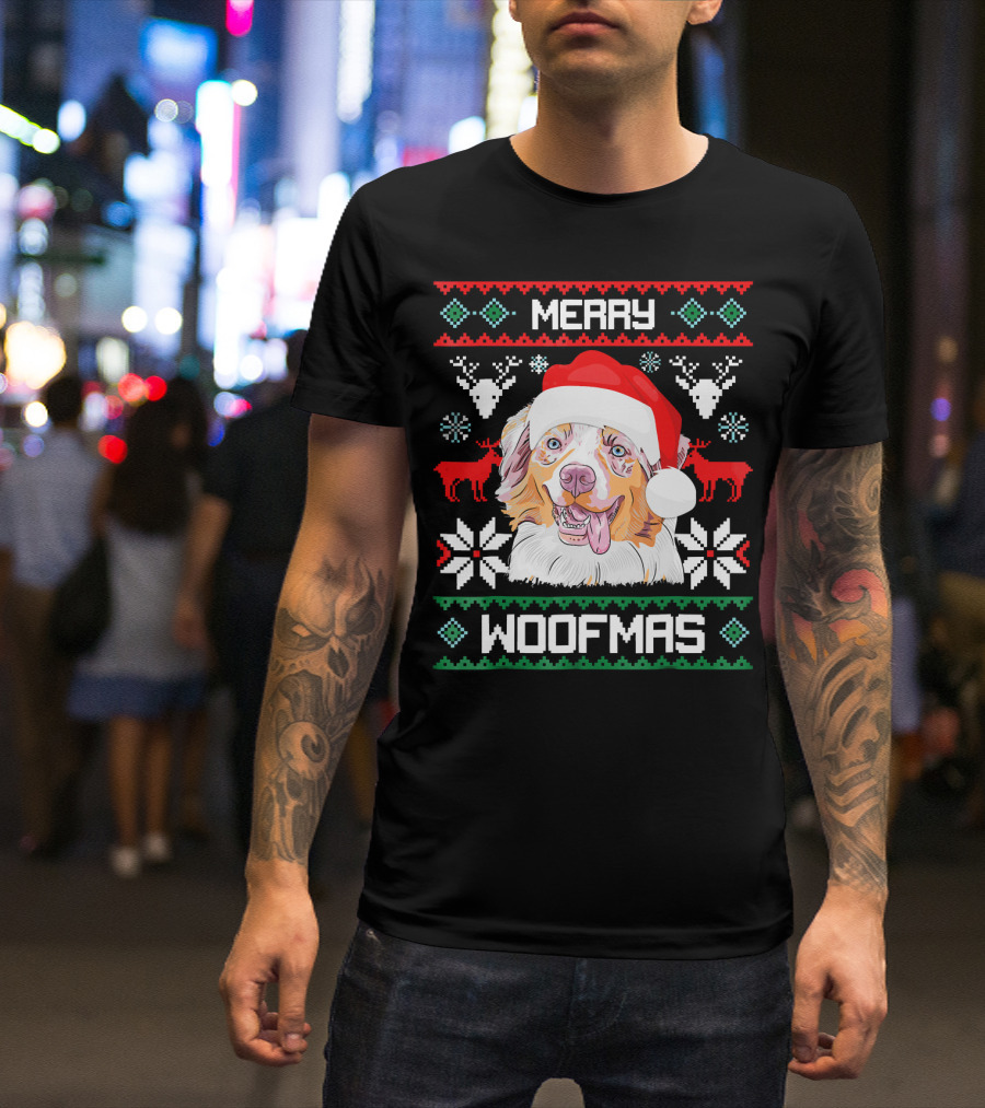 Merry Woofmas Australian Shepherd With Santa Hat And Christmas Motifs T-Shirt