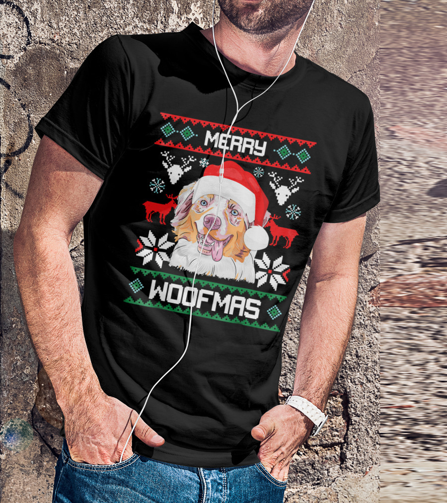 Merry Woofmas Australian Shepherd With Santa Hat And Christmas Motifs T-Shirt
