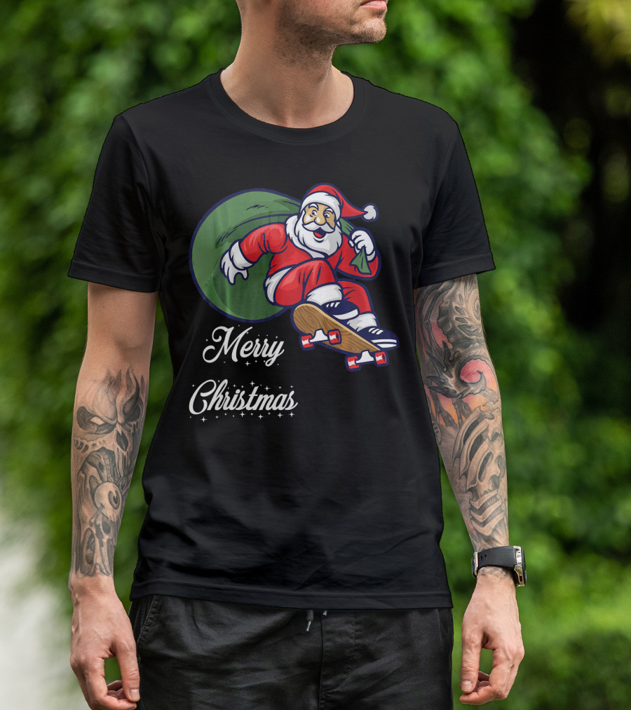 Merry Christmas Santa Claus Skating With Gift Sack T-Shirt