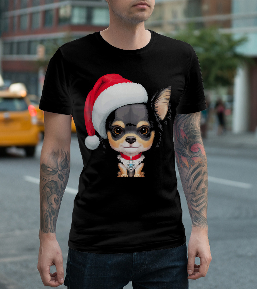 Festive Black And Tan Long Haired Chihuahua Santa Hat T-Shirt