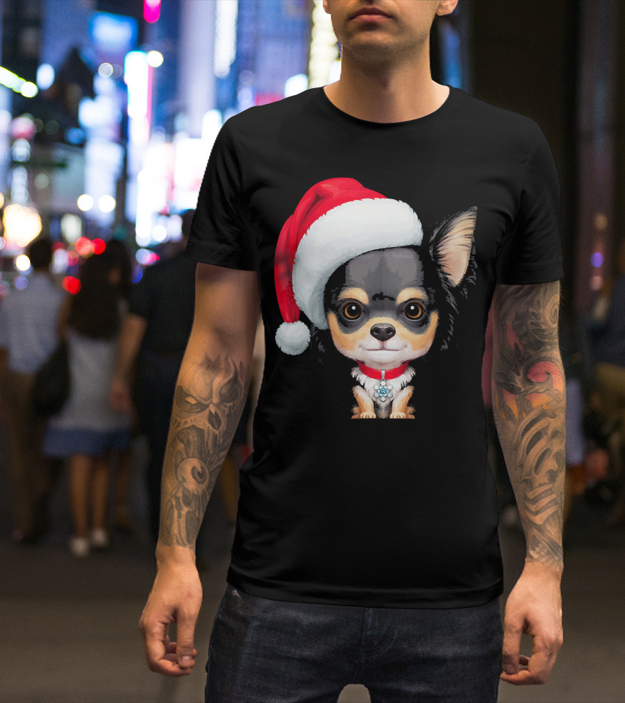 Festive Black And Tan Long Haired Chihuahua Santa Hat T-Shirt