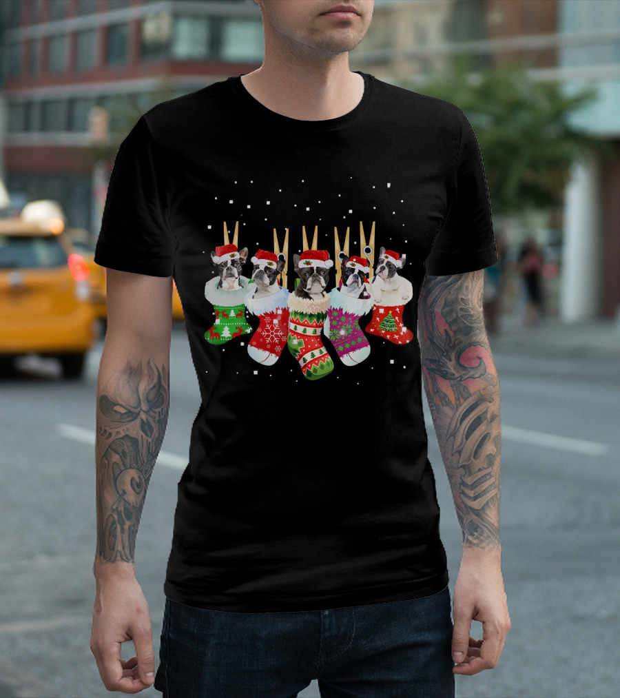 Christmas Boston Terrier Santa Hat Stockings T-Shirt