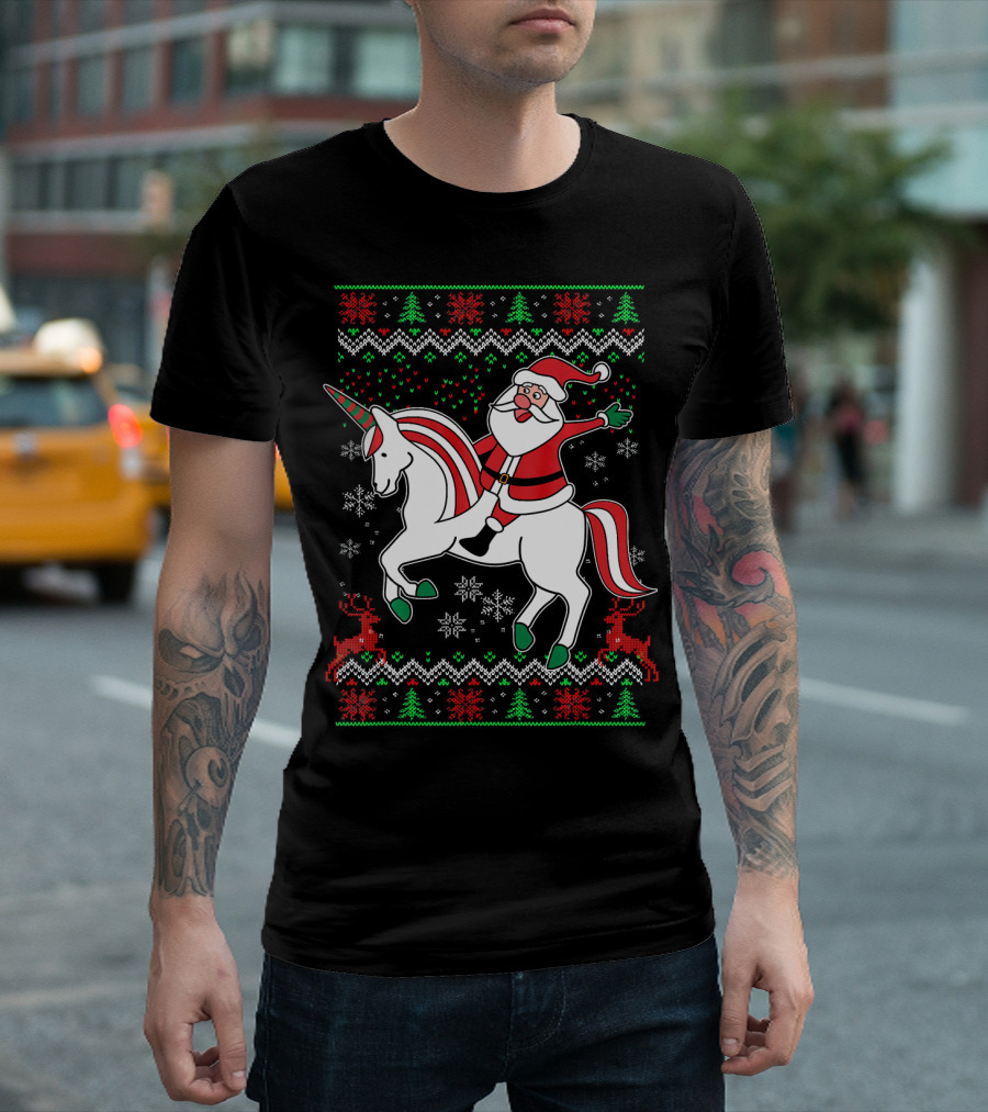 Santa Claus Riding Unicorn Christmas Sweater Pattern Holiday Magic T-Shirt