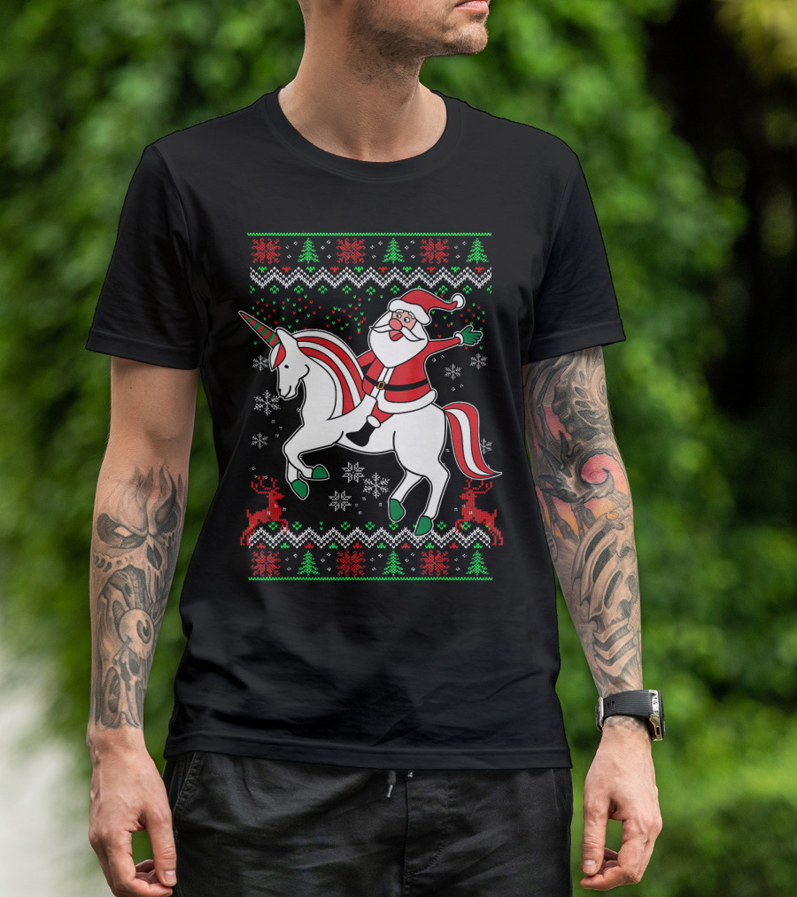 Santa Claus Riding Unicorn Christmas Sweater Pattern Holiday Magic T-Shirt