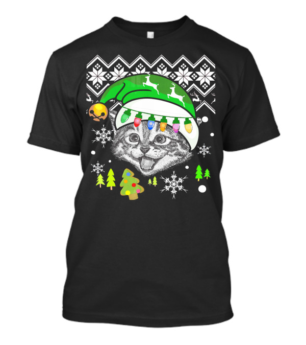 Christmas Cat Reindeer Hat Snowflakes Festive Lights T-Shirt