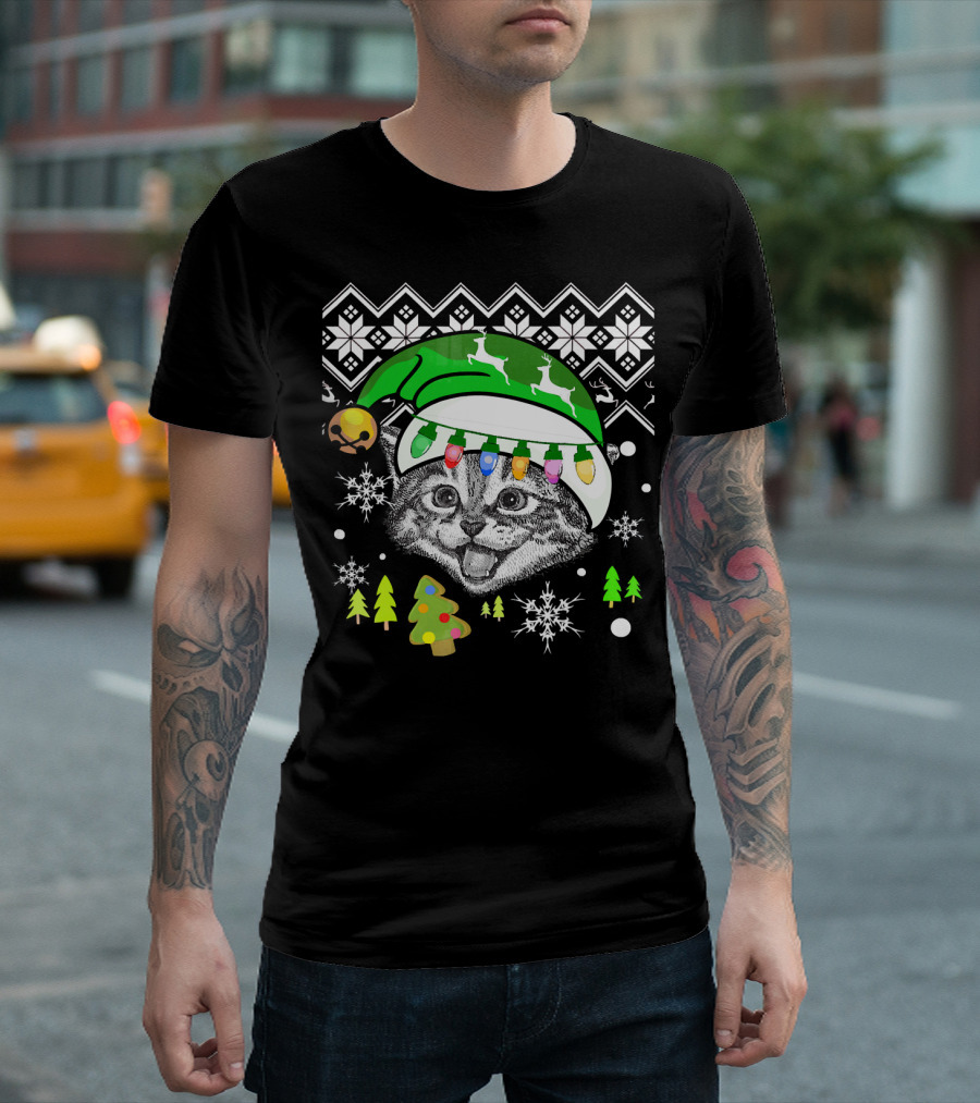 Christmas Cat Reindeer Hat Snowflakes Festive Lights T-Shirt