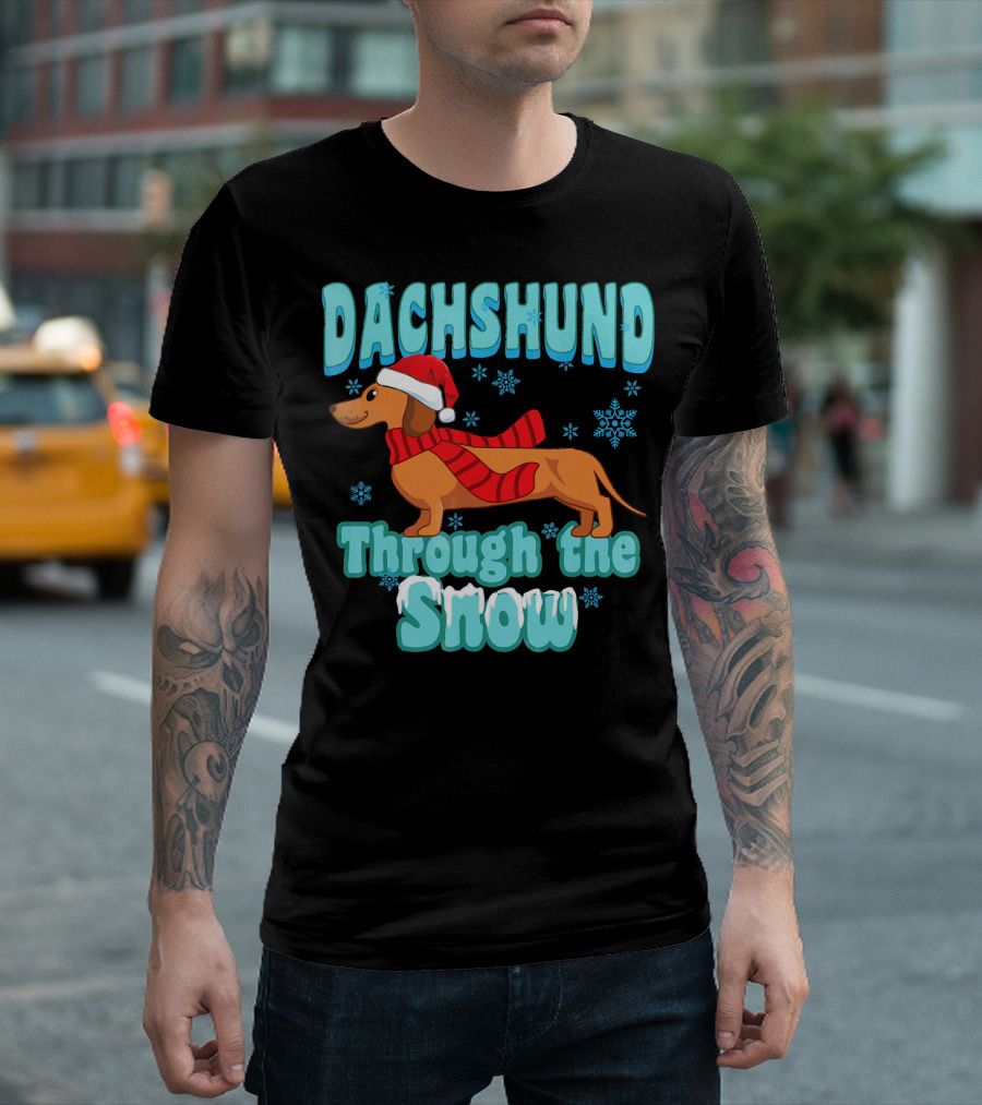 Dachshund Through the Snow Scarf and Santa Hat T-Shirt