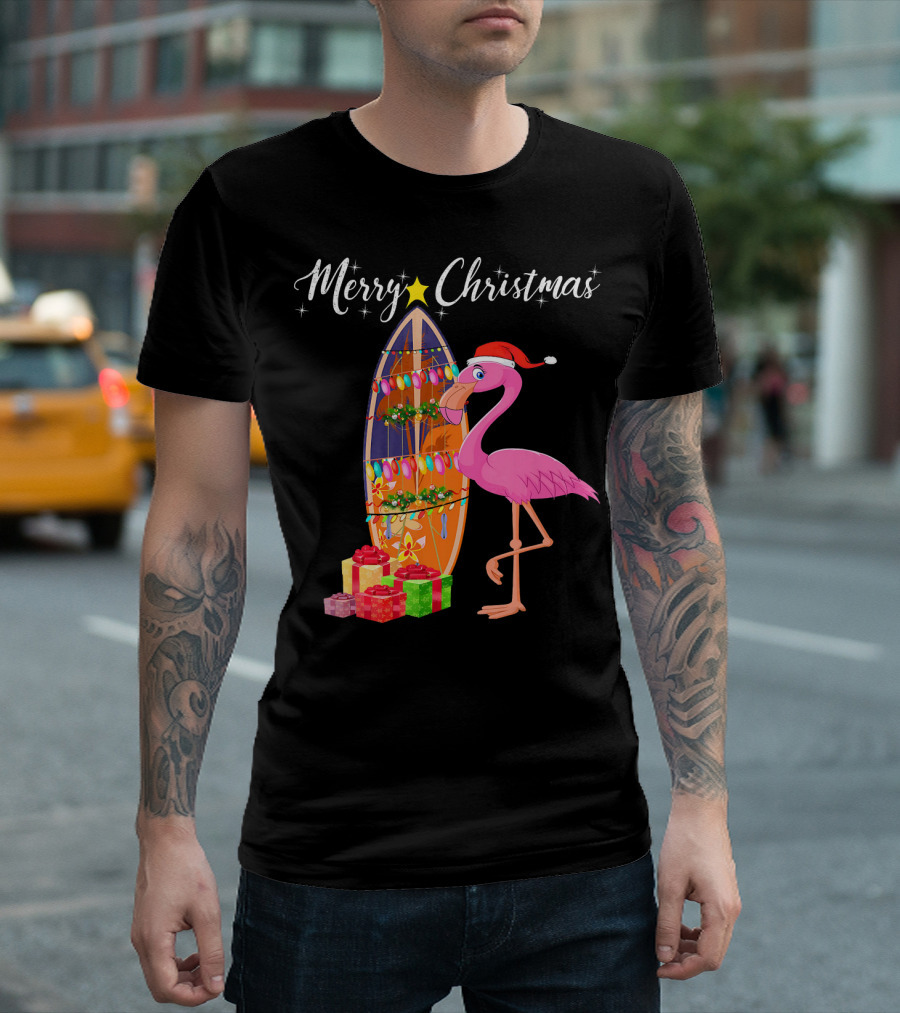 Merry Christmas Flamingo Surfboard Santa Hat Gifts T-Shirt