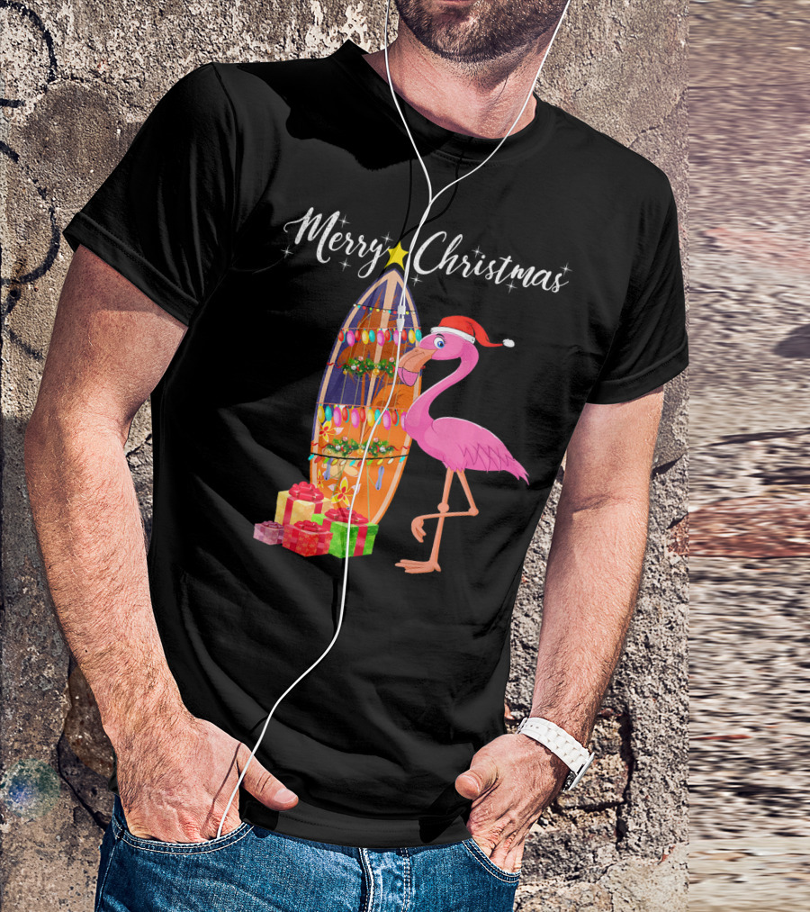 Merry Christmas Flamingo Surfboard Santa Hat Gifts T-Shirt
