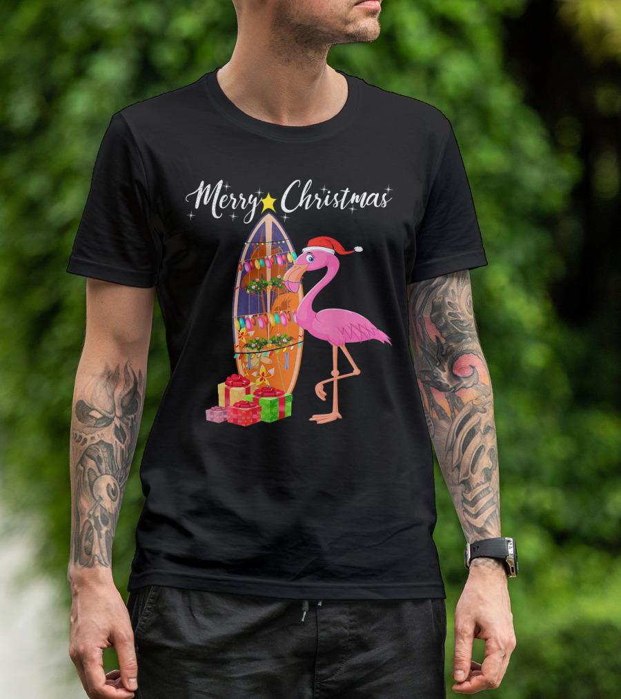 Merry Christmas Flamingo Surfboard Santa Hat Gifts T-Shirt