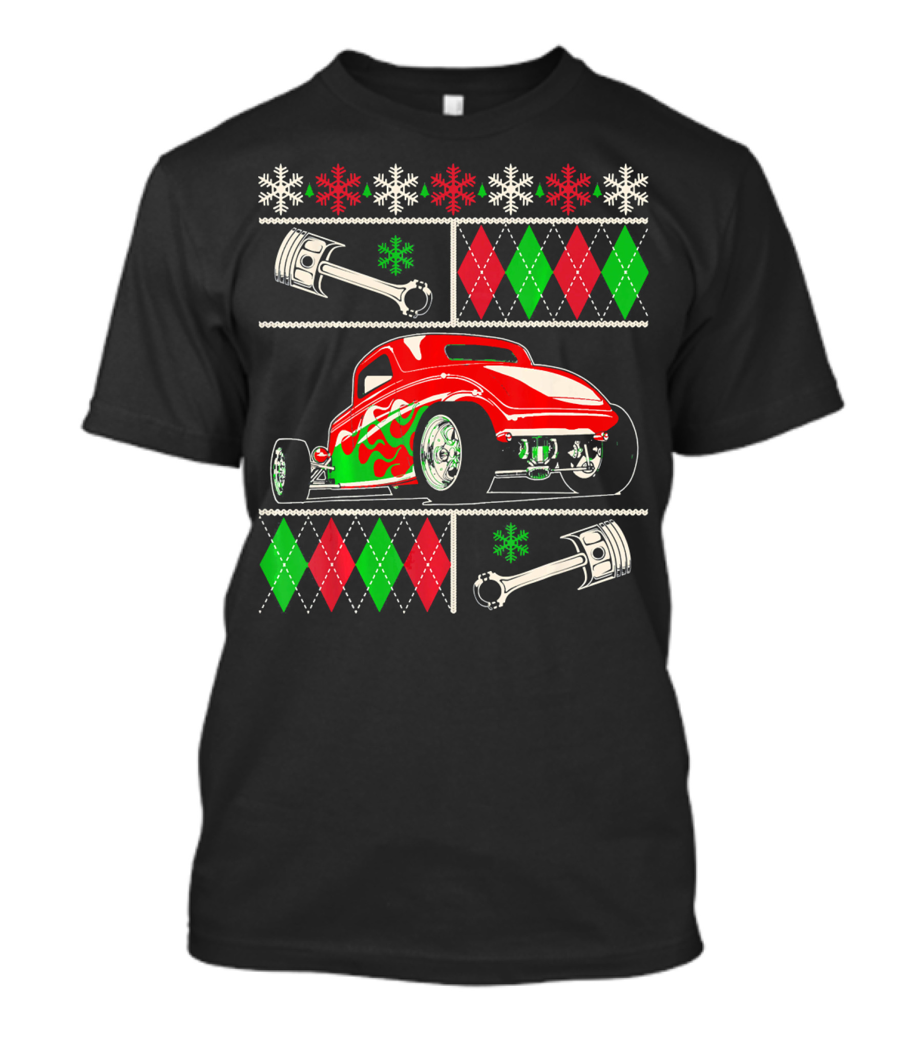 Hot Rod Christmas Ugly Sweater Red Green Car Snowflakes Argyle Pistons T-Shirt