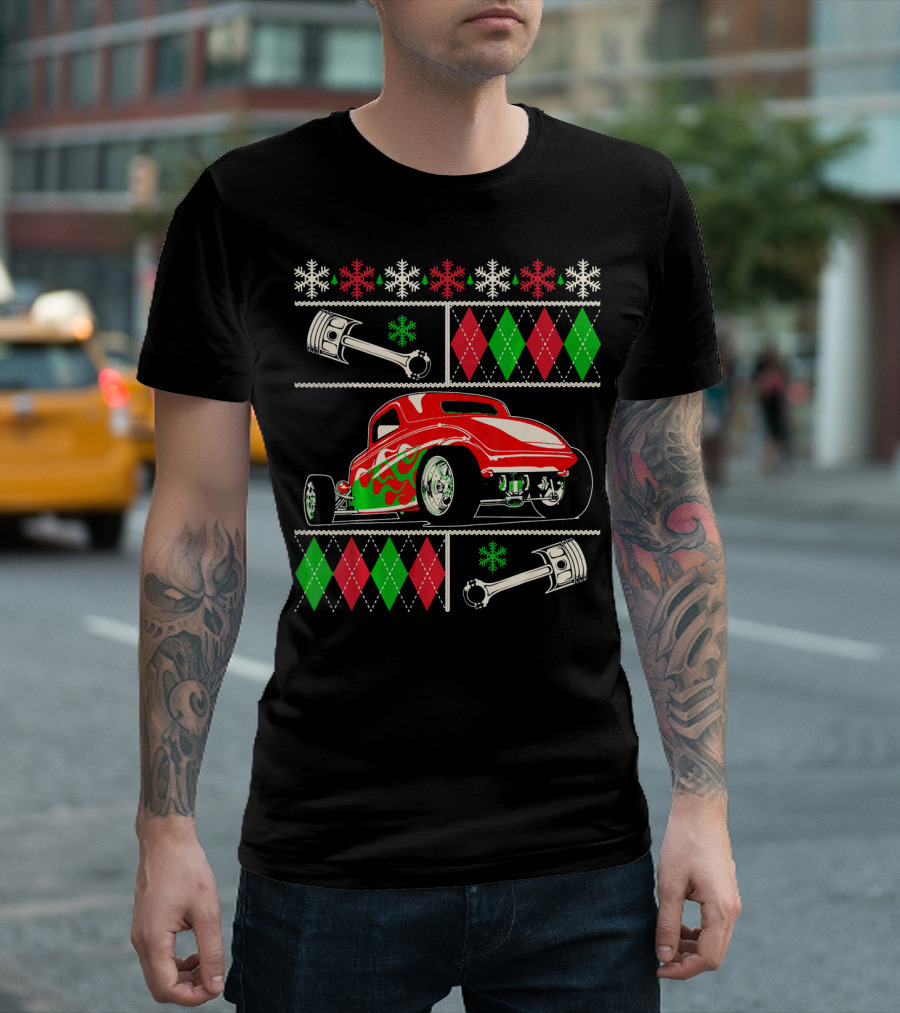 Hot Rod Christmas Ugly Sweater Red Green Car Snowflakes Argyle Pistons T-Shirt