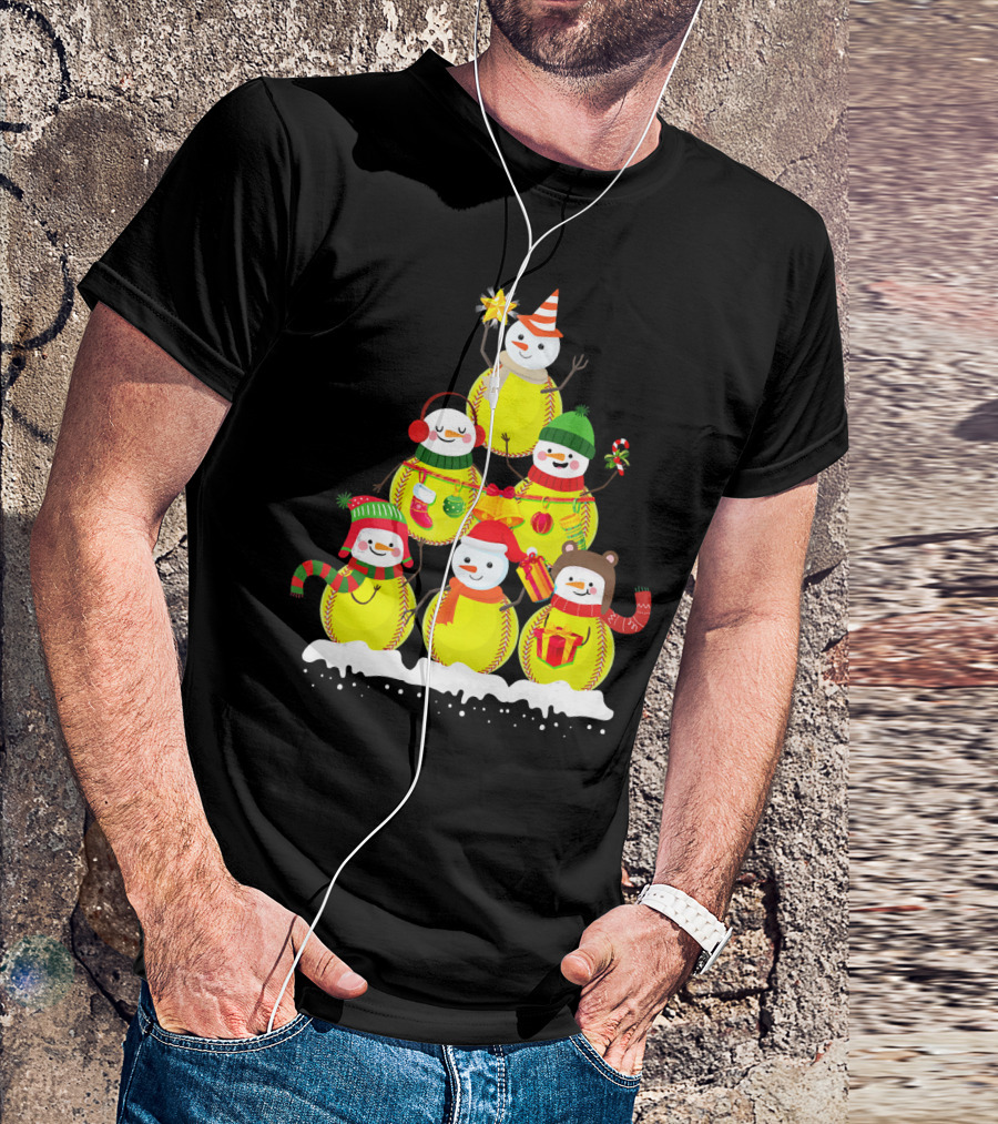 Softball Snowman Christmas Tree Holiday Scene T-Shirt