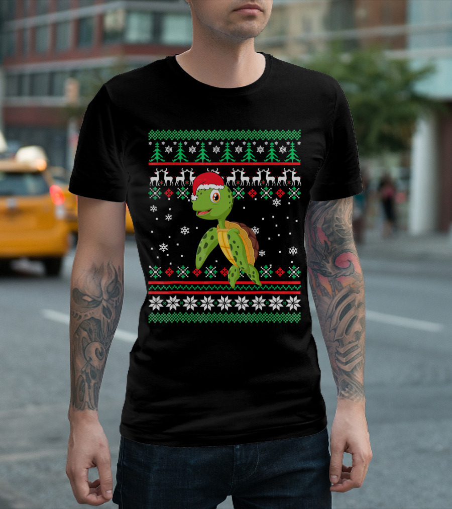 Sea Turtle with Santa Hat Christmas Sweater Pattern Snowflakes Reindeer Trees T-Shirt
