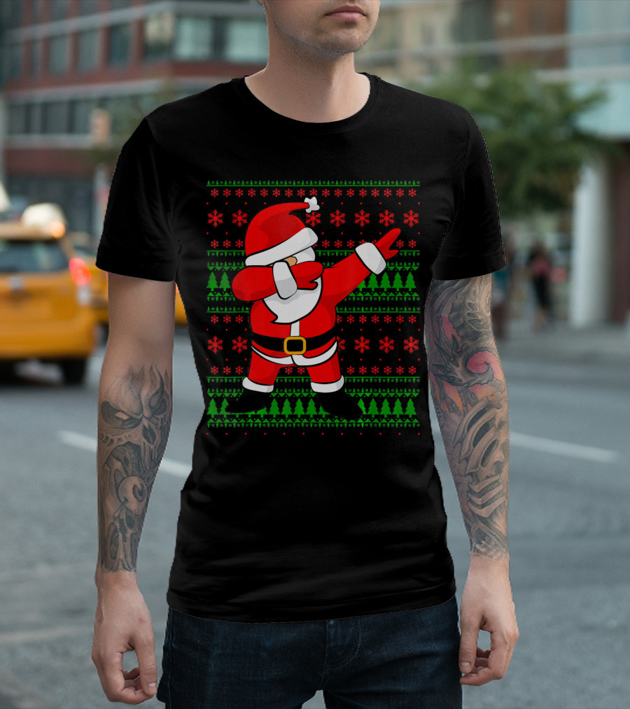 Santa Claus Dabbing Christmas Sweater Style Snowflakes Trees T-Shirt