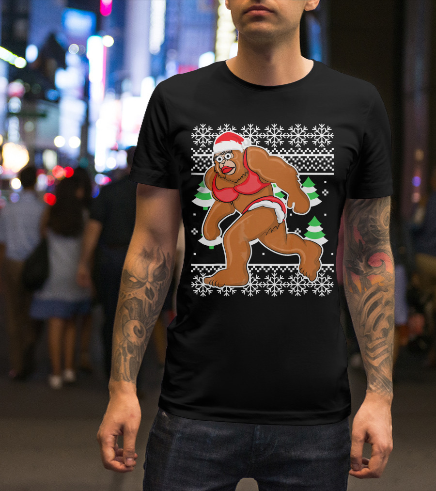 Bigfoot Bikini Ugly Christmas Sweater Santa Hat Snowflakes Holiday Party T-Shirt