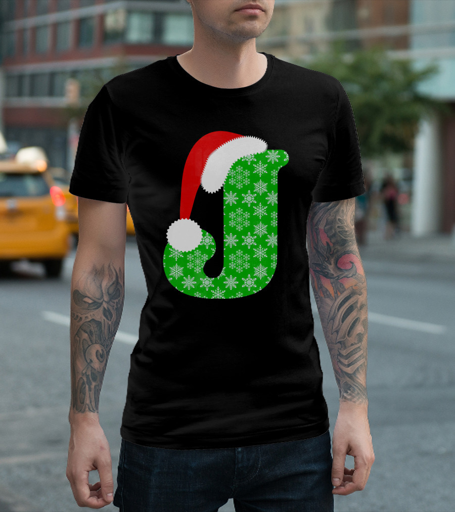 Santa Hat Green Snowflake Monogram Letter J Christmas T-Shirt