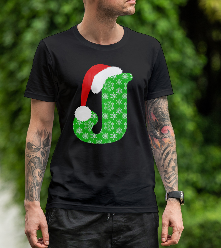 Santa Hat Green Snowflake Monogram Letter J Christmas T-Shirt