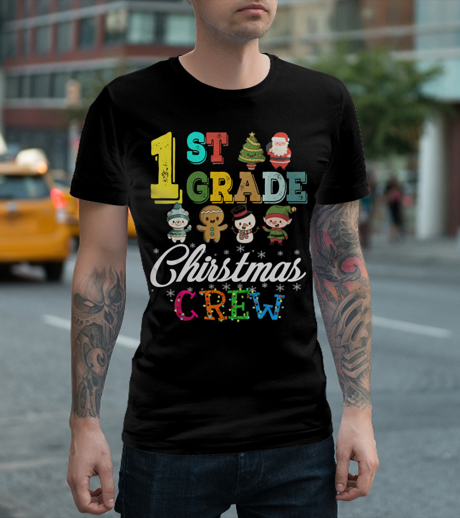 1st Grade Christmas Crew Santa Tree Gingerbread Snowman Elf T-Shirt