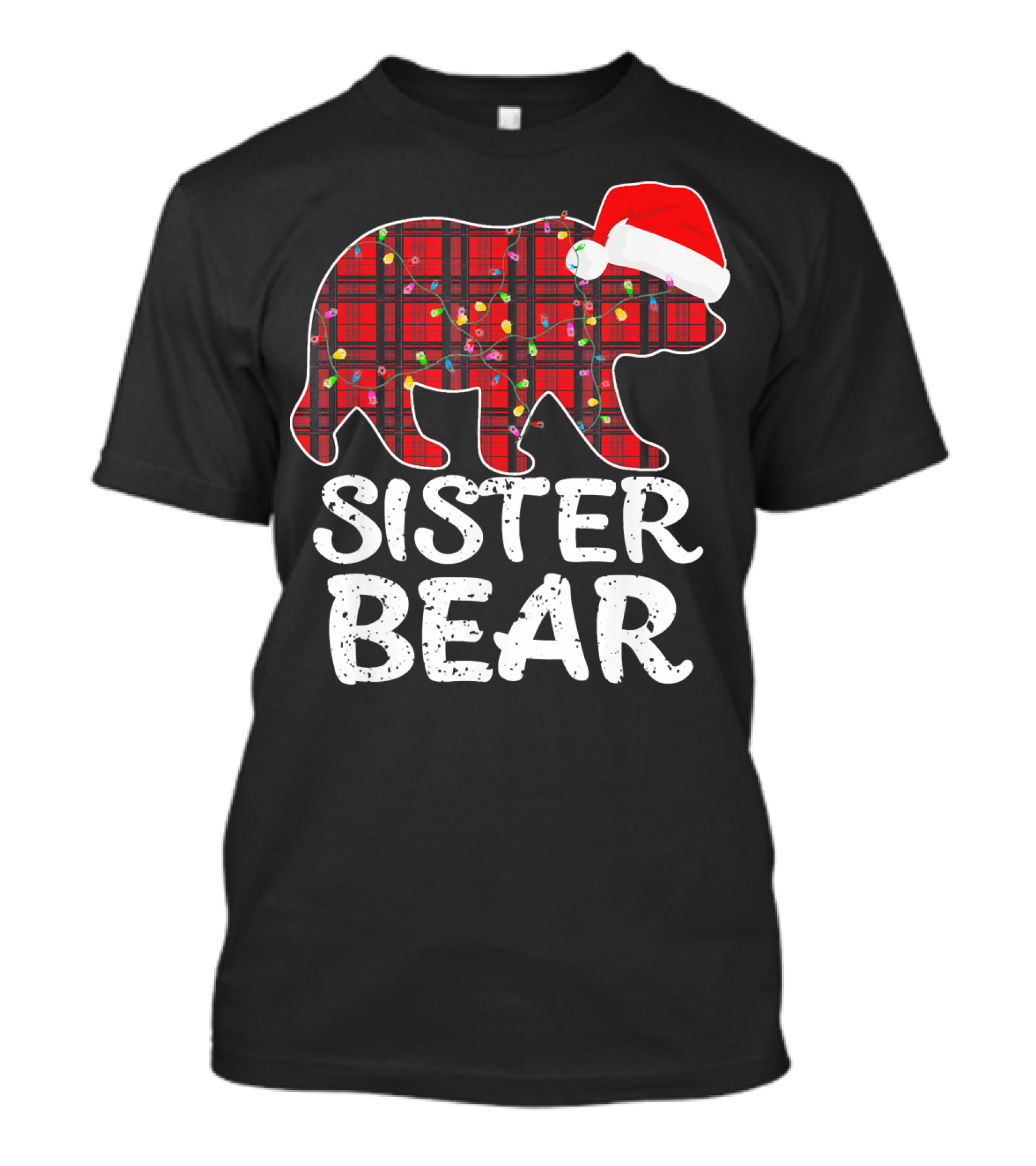 Sister Bear Red Plaid Christmas Paj With Santa Hat And Lights T-Shirt