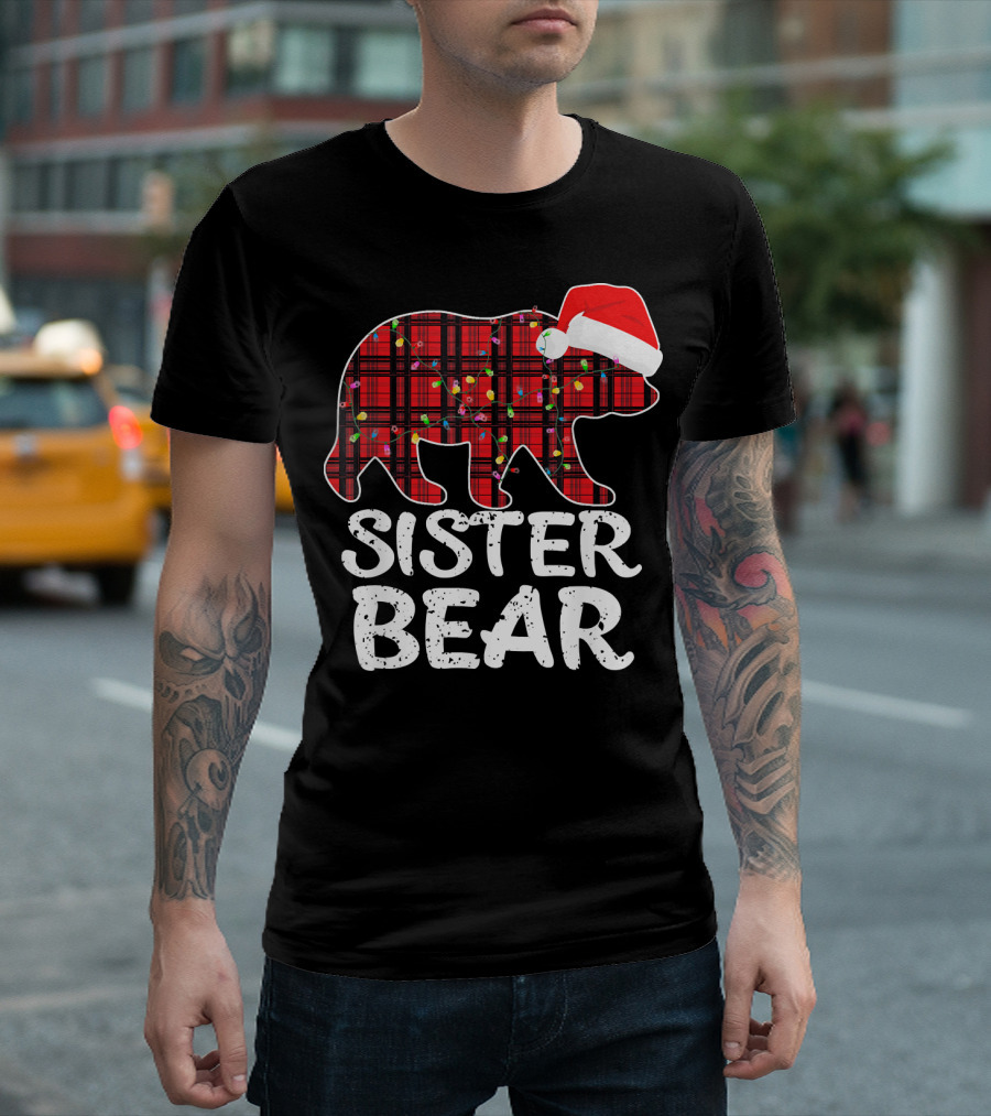 Sister Bear Red Plaid Christmas Paj with Santa Hat and Lights T-Shirt
