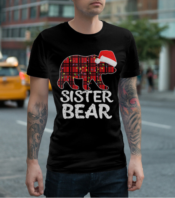 Sister Bear Red Plaid Christmas Paj With Santa Hat And Lights T-Shirt