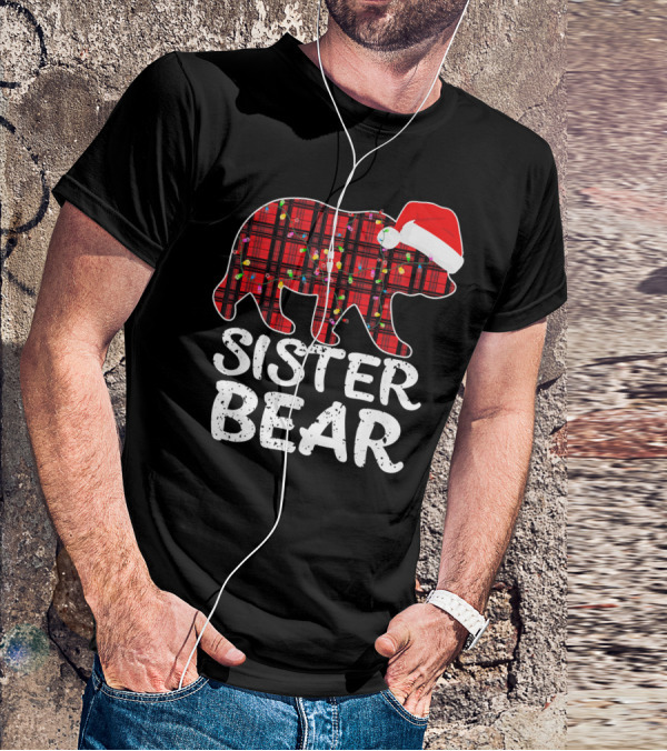 Sister Bear Red Plaid Christmas Paj With Santa Hat And Lights T-Shirt