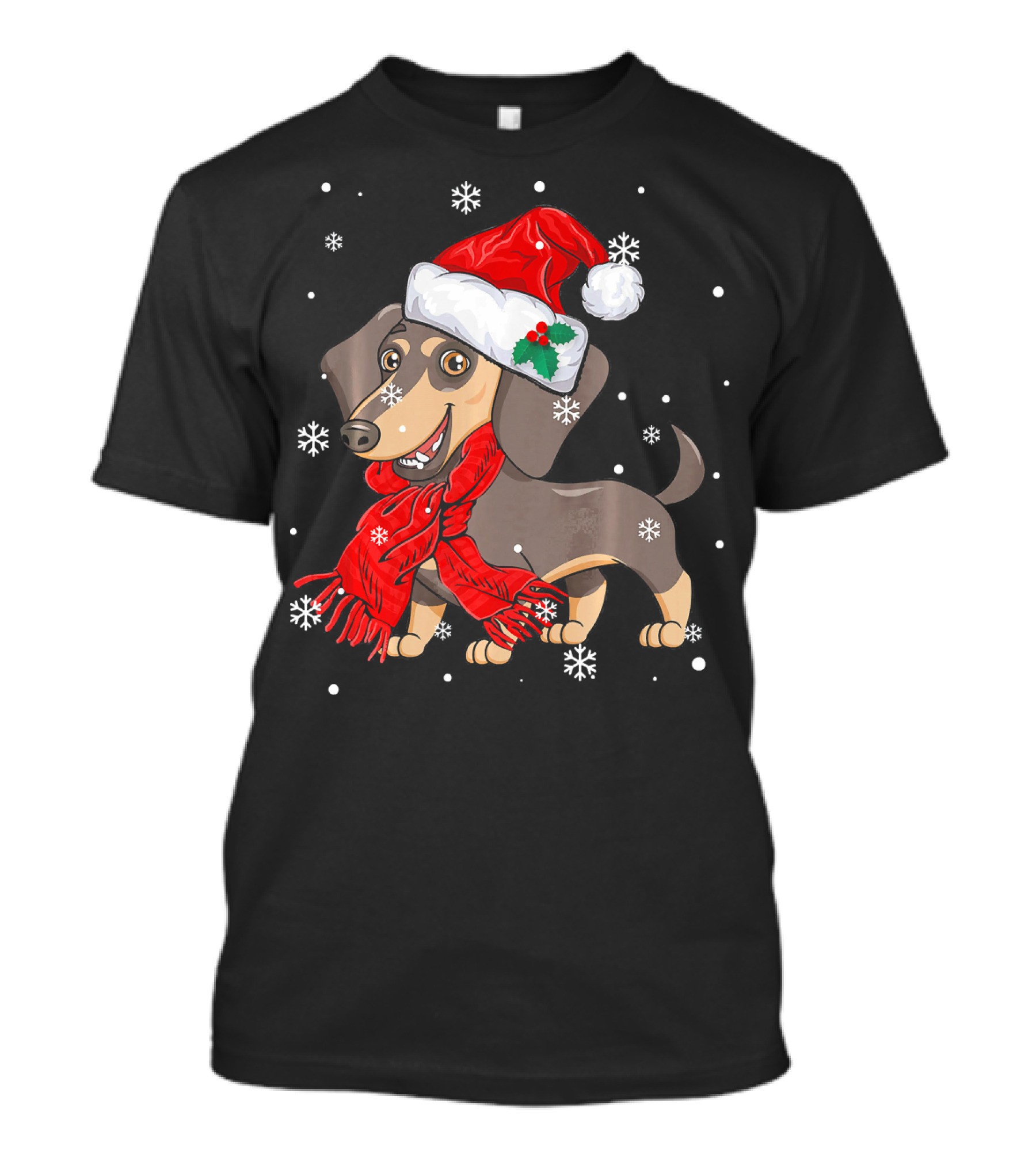 Dachshund Wearing Santa Hat And Red Scarf With Snowflakes T-Shirt
