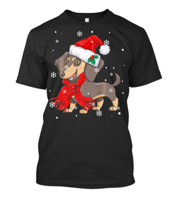 Dachshund Wearing Santa Hat And Red Scarf With Snowflakes T-Shirt