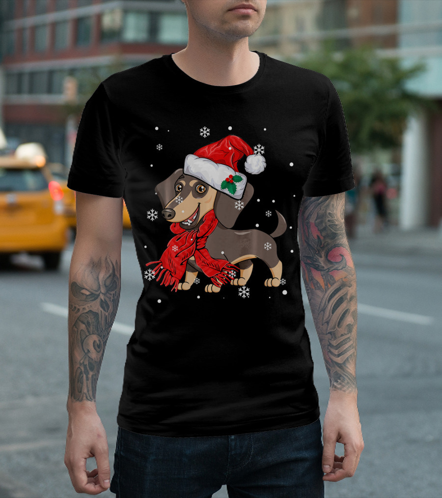 Dachshund Wearing Santa Hat And Red Scarf with Snowflakes T-Shirt