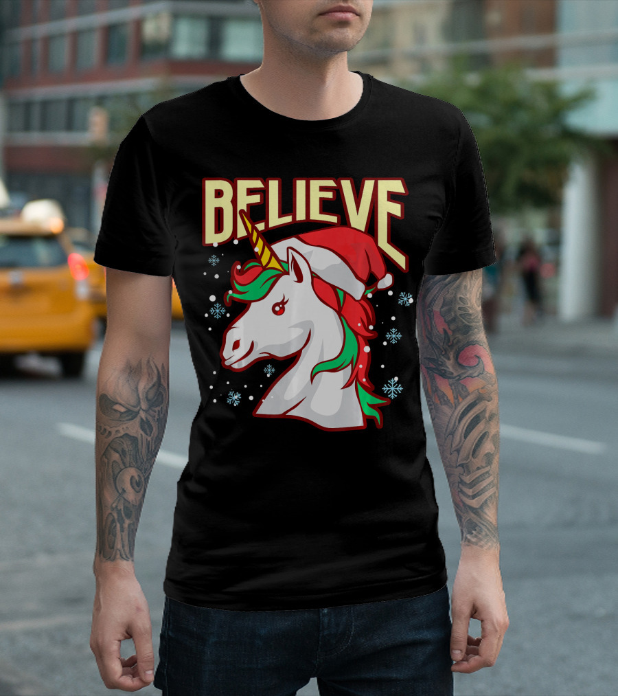 Believe The Unicorn Santa Hat Snowflakes T-Shirt