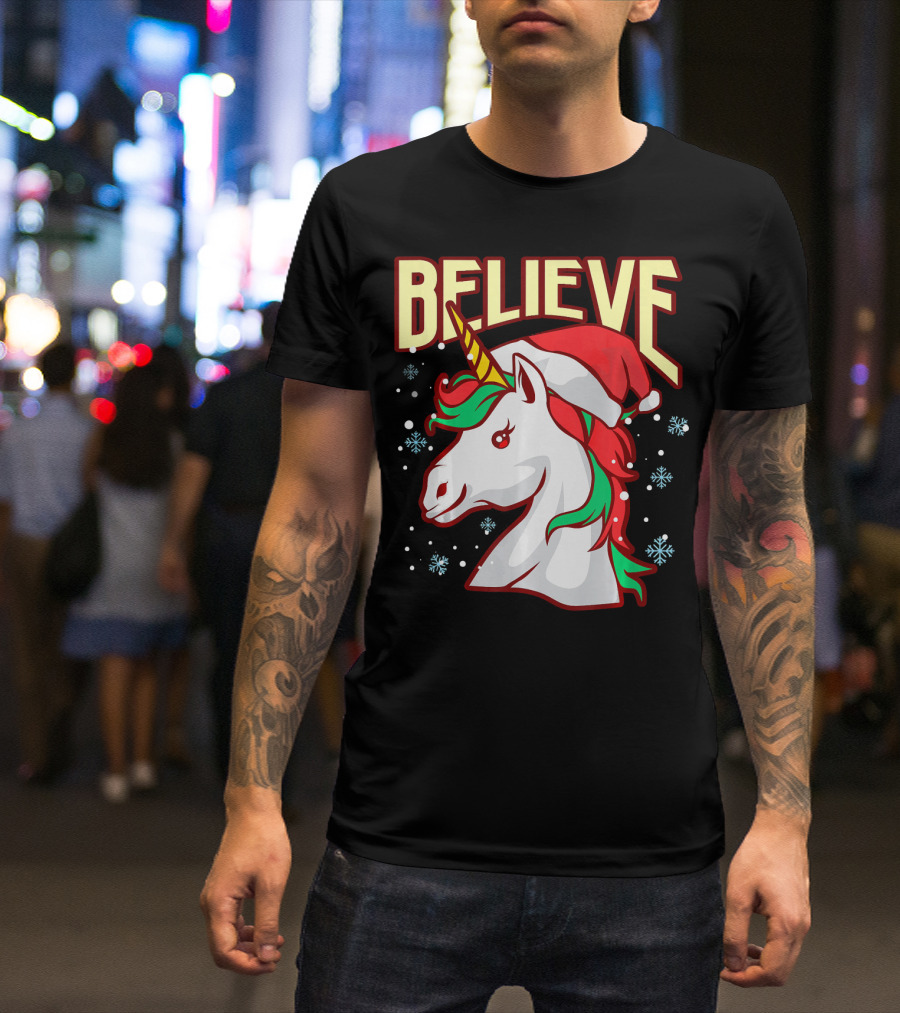 Believe The Unicorn Santa Hat Snowflakes T-Shirt