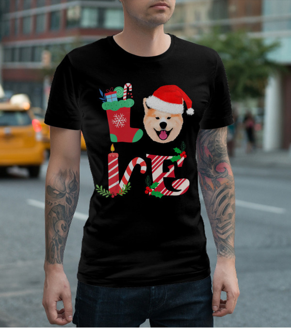 I Love My Akita Christmas Love With Santa Hat And Holiday Decorations T-Shirt