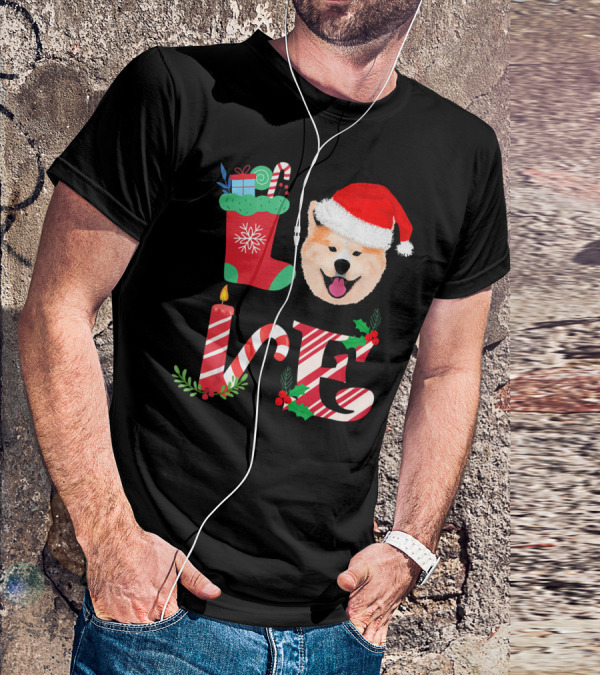 I Love My Akita Christmas Love With Santa Hat And Holiday Decorations T-Shirt