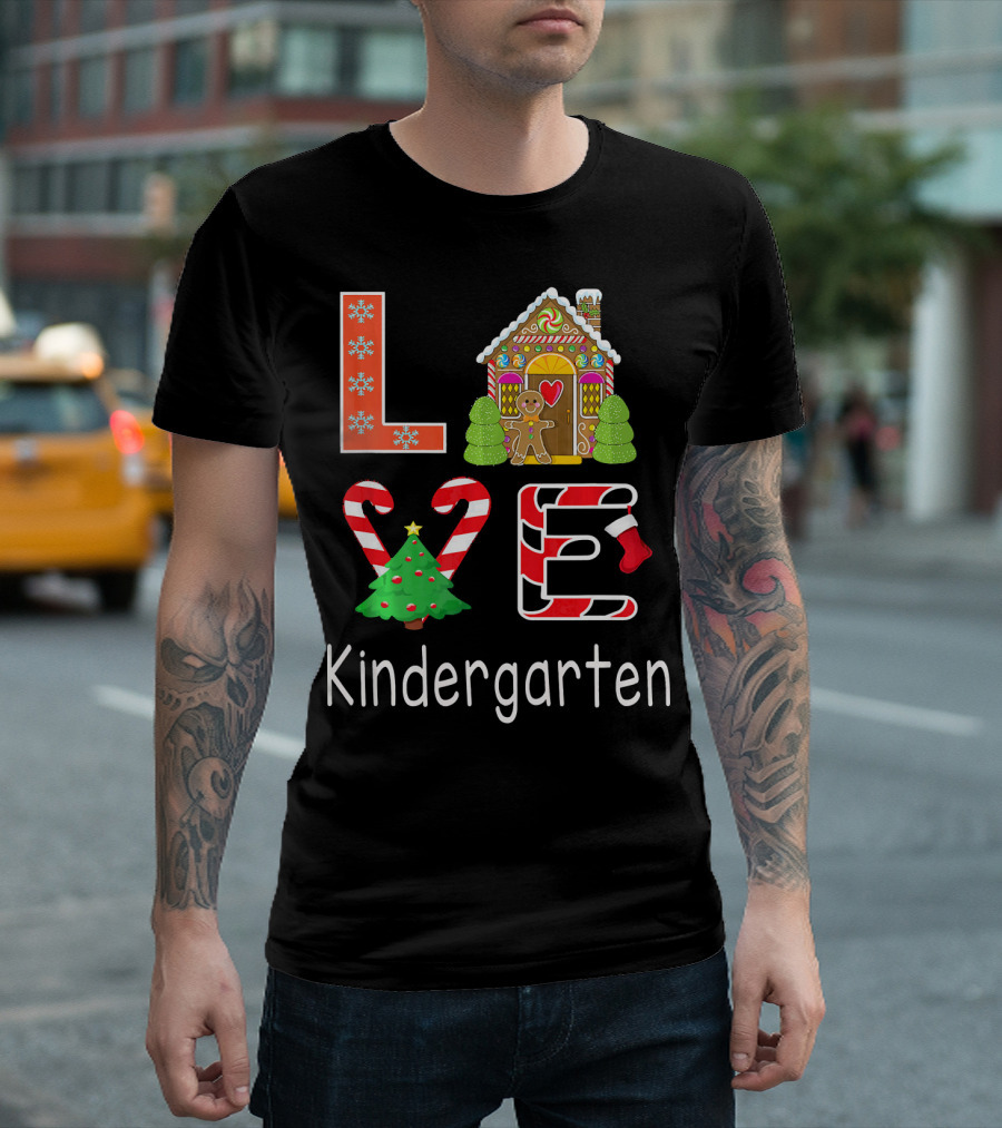 Love Kindergarten Christmas Candy Cane Gingerbread House T-Shirt