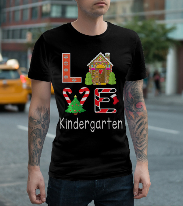 Love Kindergarten Christmas Candy Cane Gingerbread House T-Shirt