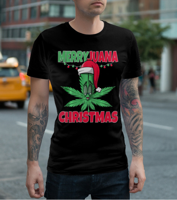 Merryjuana Christmas Funny Santa Hat Marijuana Leaf T-Shirt