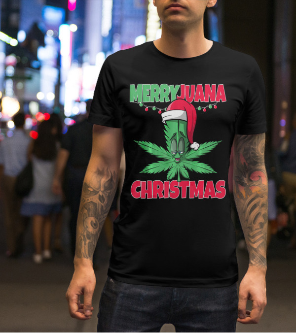 Merryjuana Christmas Funny Santa Hat Marijuana Leaf T-Shirt