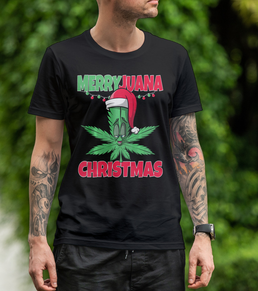 Merryjuana Christmas Funny Santa Hat Marijuana Leaf T-Shirt