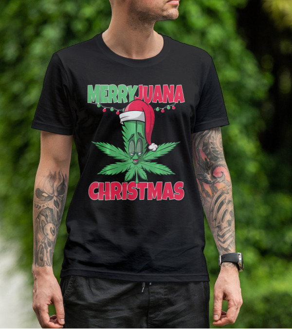 Merryjuana Christmas Funny Santa Hat Marijuana Leaf T-Shirt
