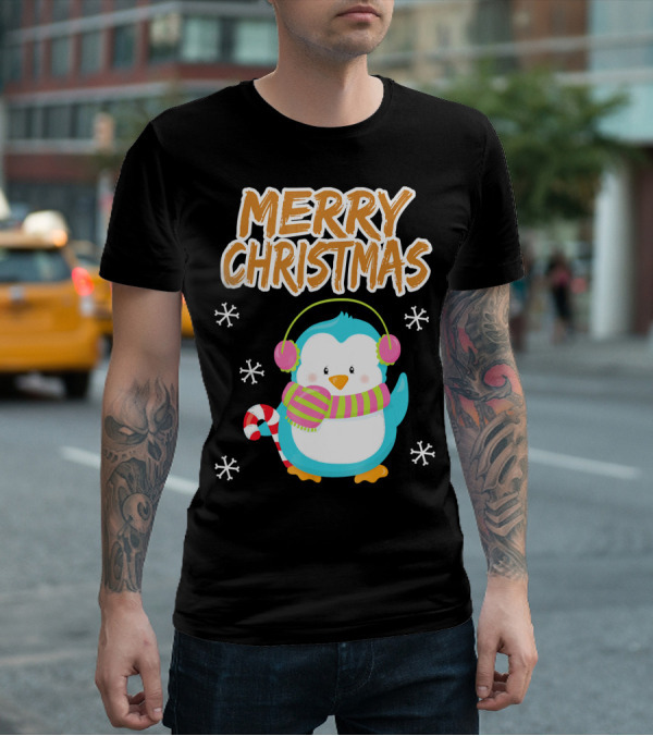 Merry Christmas Penguin With Candy Cane And Snowflakes T-Shirt